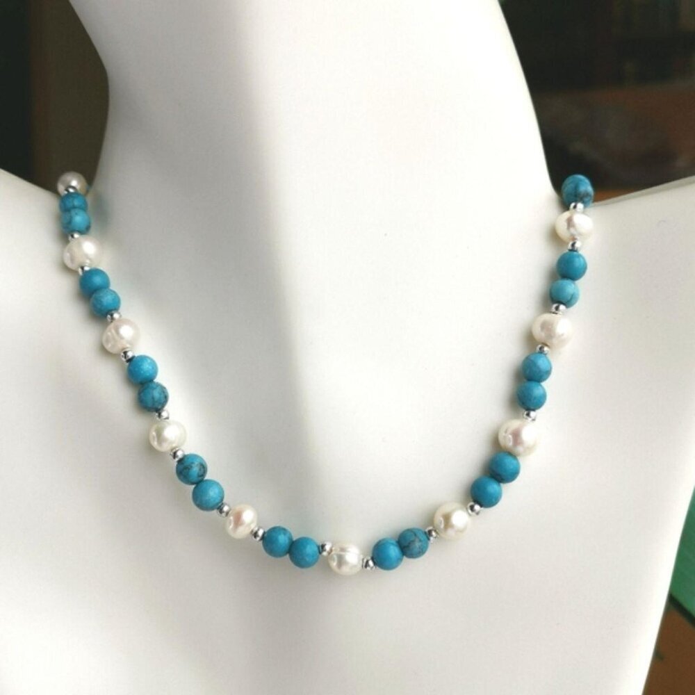 Turquoise White Freshwater Pearl Necklace  🆕